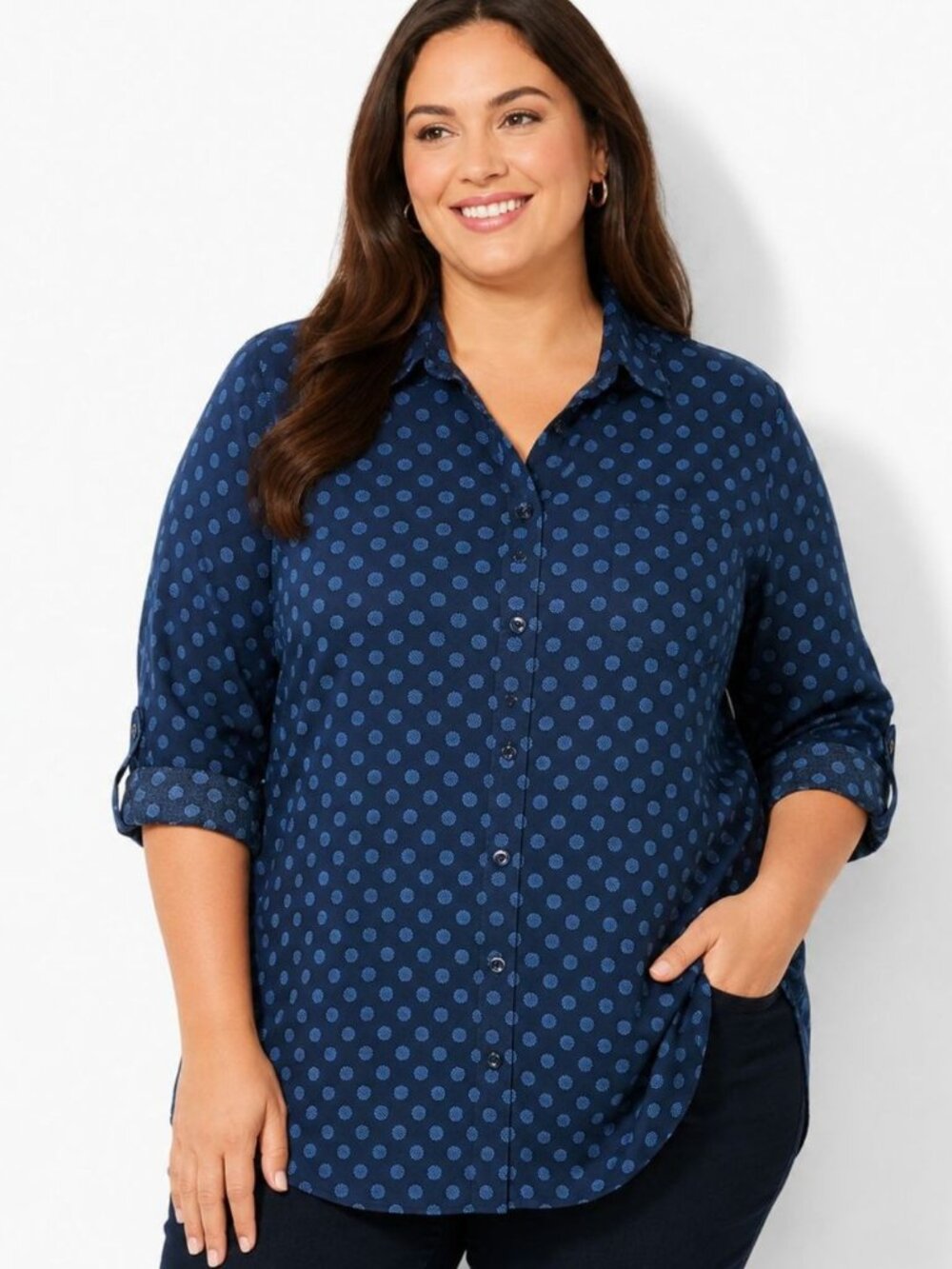 Talbots Womens Top Button Blouse Blue Dot Print Roll Tab Sleeve Plus Size 1X